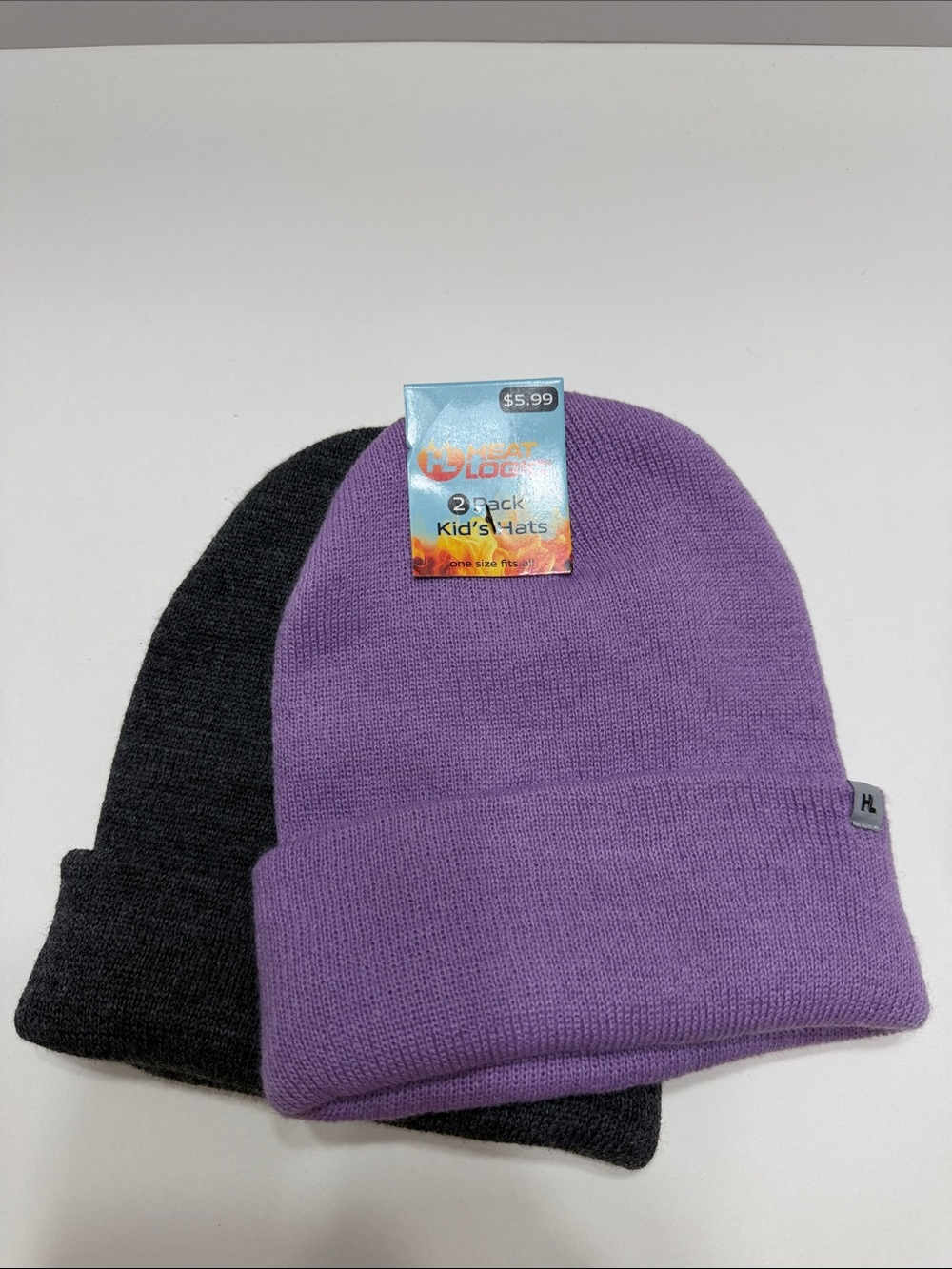 Kids 2-Pack Cuffed Knit Beanies - Purple & Charcoal